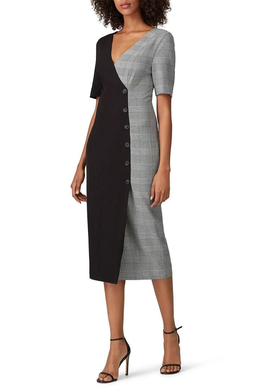 Fame and Partners Everly Black Plaid Button Front Short Sleeve Midi Dress 12